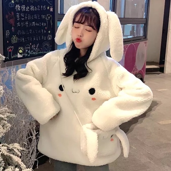 Rabbit ears sweater hoodie bag set fuzzy white cream fun Kawaii womens cartoon - Picture 2 of 6